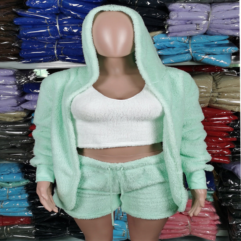 Women's clothing, European and American winter plush home wear, casual 3Pcs  pajamas long sleeved shorts sports set