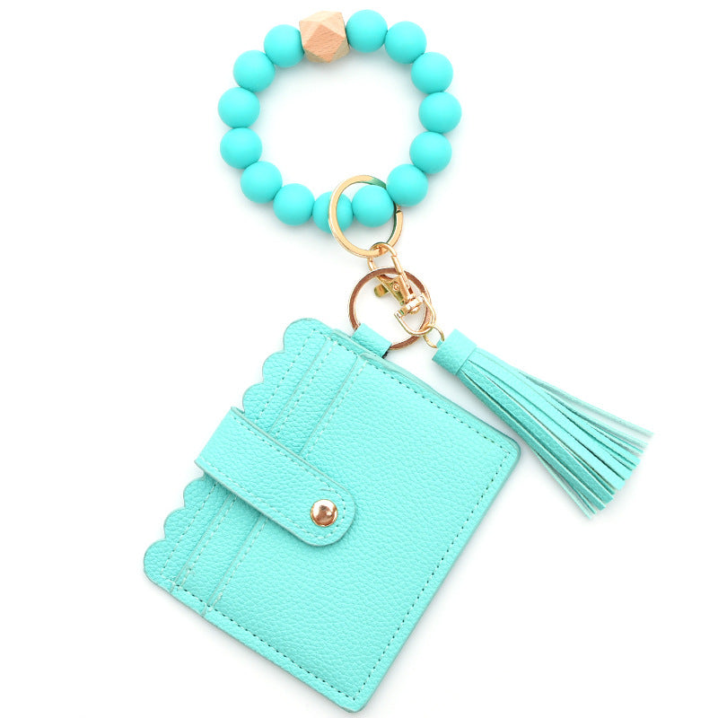 Colorful Silicone Bead Bracelet Card Holder PU Tassel Women's Wallet Keychain Silicone Beaded Bracelet