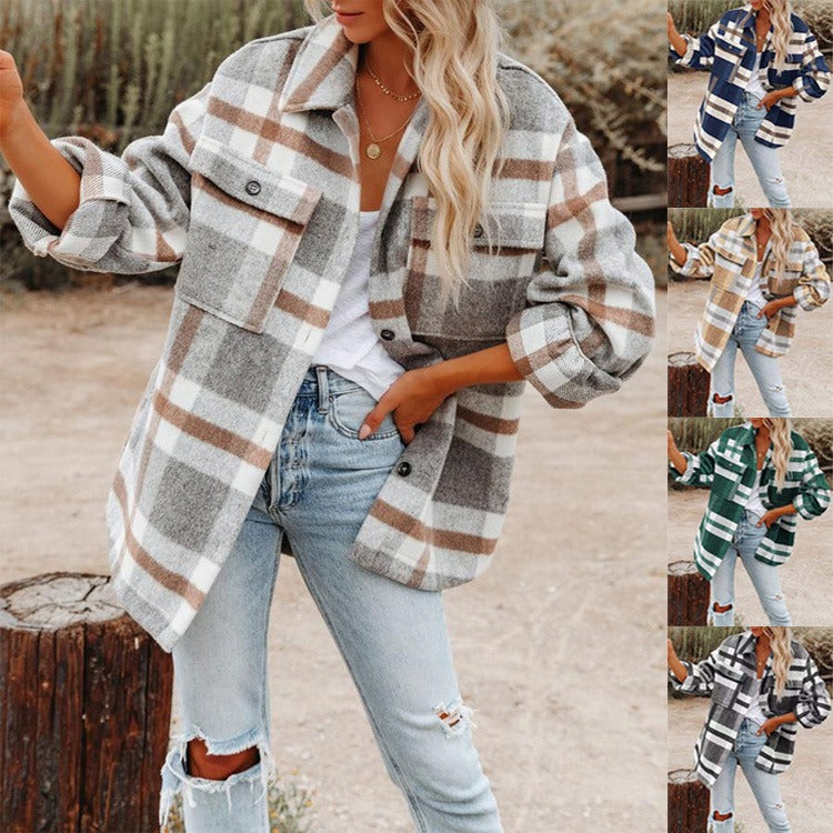 Autumn and winter women's clothing autumn and winter long sleeved lapel loose plaid thickened woolen jacket