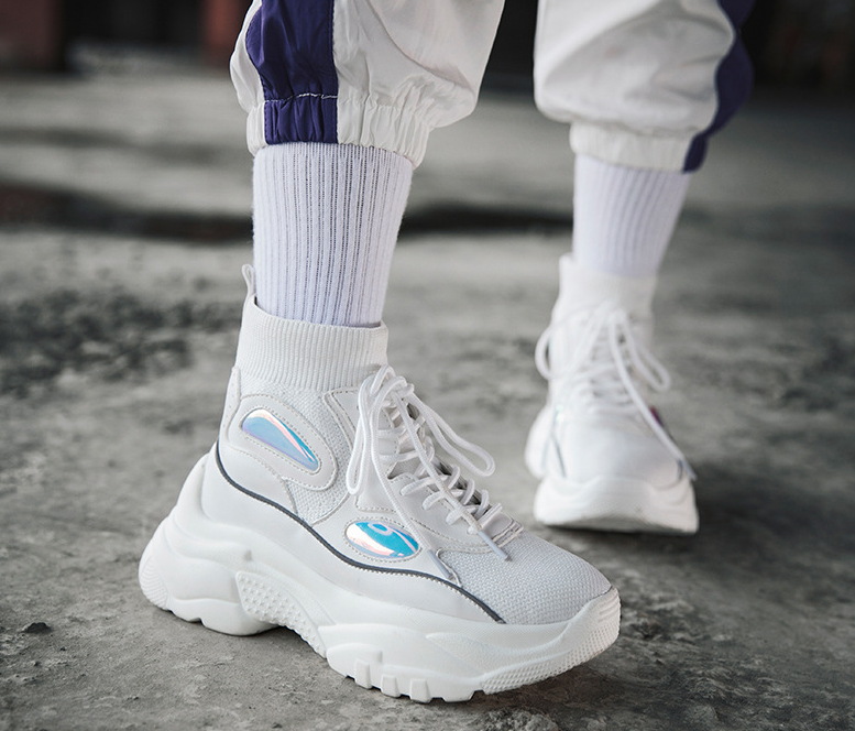 Knitted White High-Top Platform Sneakers for Couples