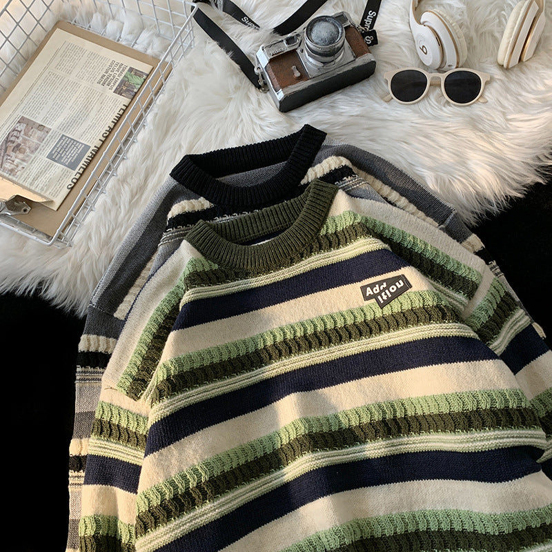 Women's Striped Crew Neck Knit Sweater Fall Winter Unisex Pullover