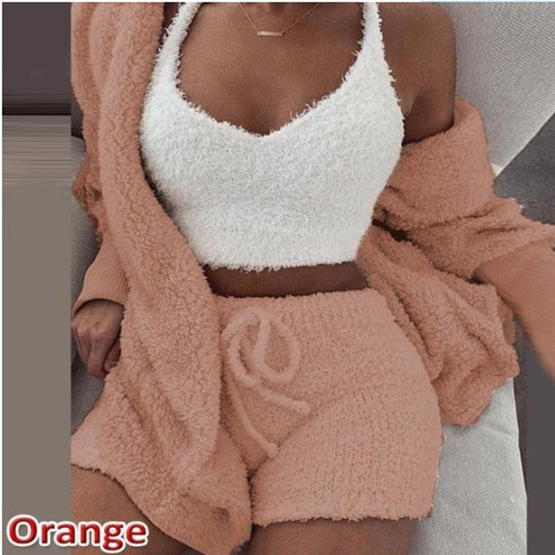 Women's clothing, European and American winter plush home wear, casual 3Pcs  pajamas long sleeved shorts sports set