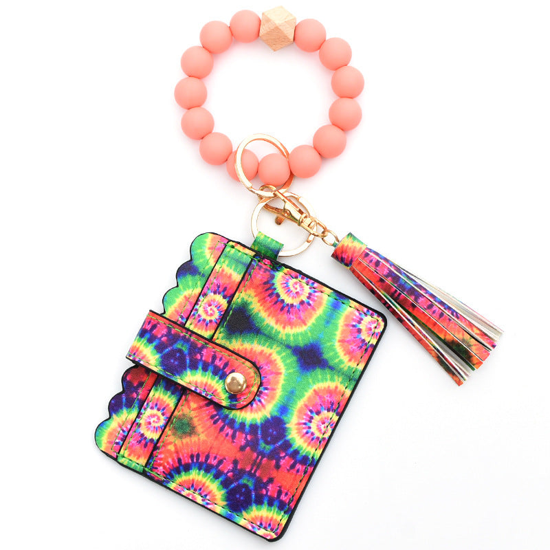 Colorful Silicone Bead Bracelet Card Holder PU Tassel Women's Wallet Keychain Silicone Beaded Bracelet