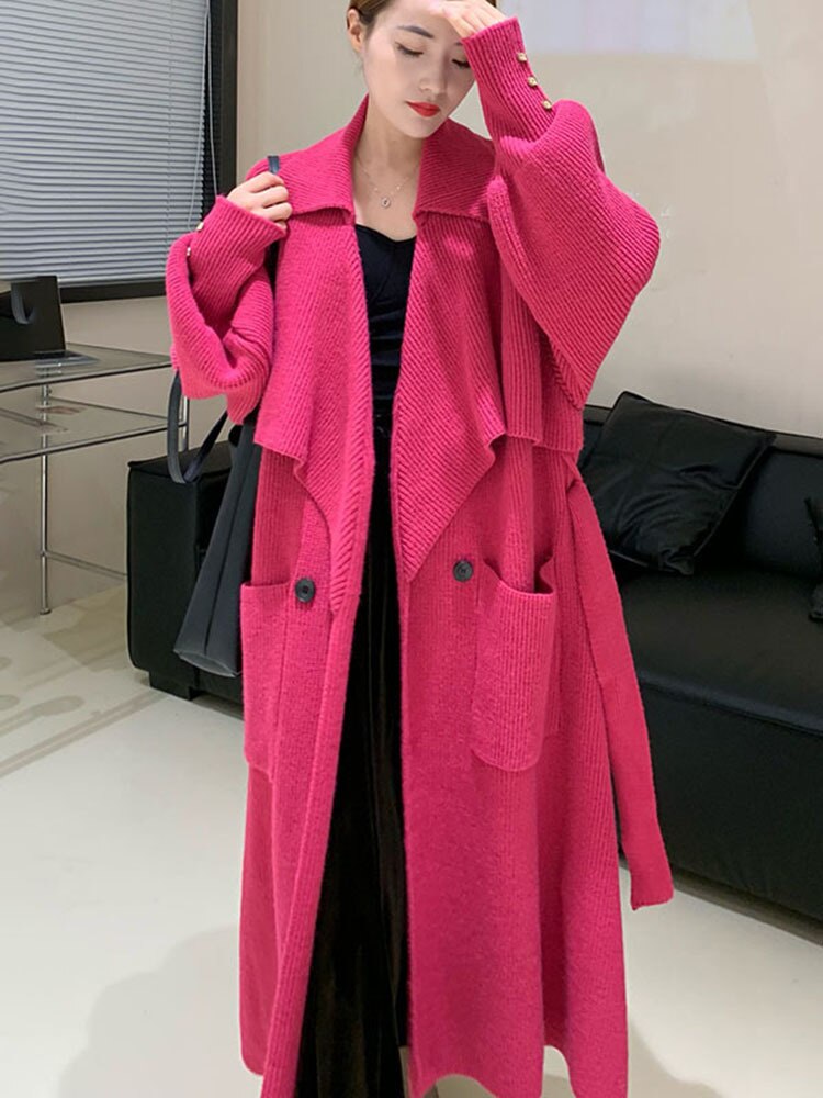 Double Breasted Cardigan Knitting Long Sweater For Women Long Sleeve Belt Loose Casual Vintage Coat Winter Clothing