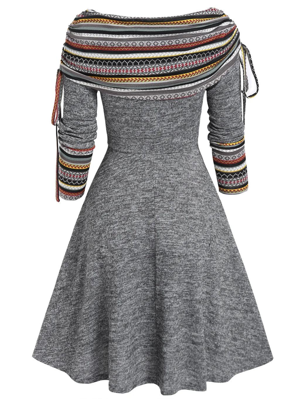 Dressfo Women's Fall Winter Dress Convertible Neck Cinched Striped Flare A Line Dress Long Sleeves Dresses Vestidos