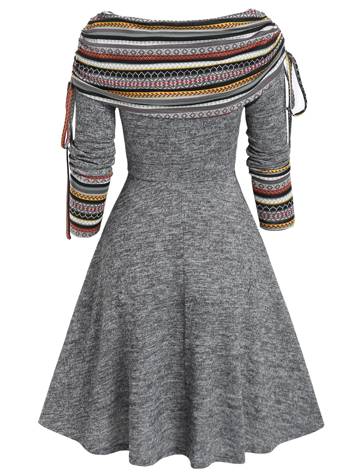 Dressfo Women's Fall Winter Dress Convertible Neck Cinched Striped Flare A Line Dress Long Sleeves Dresses Vestidos