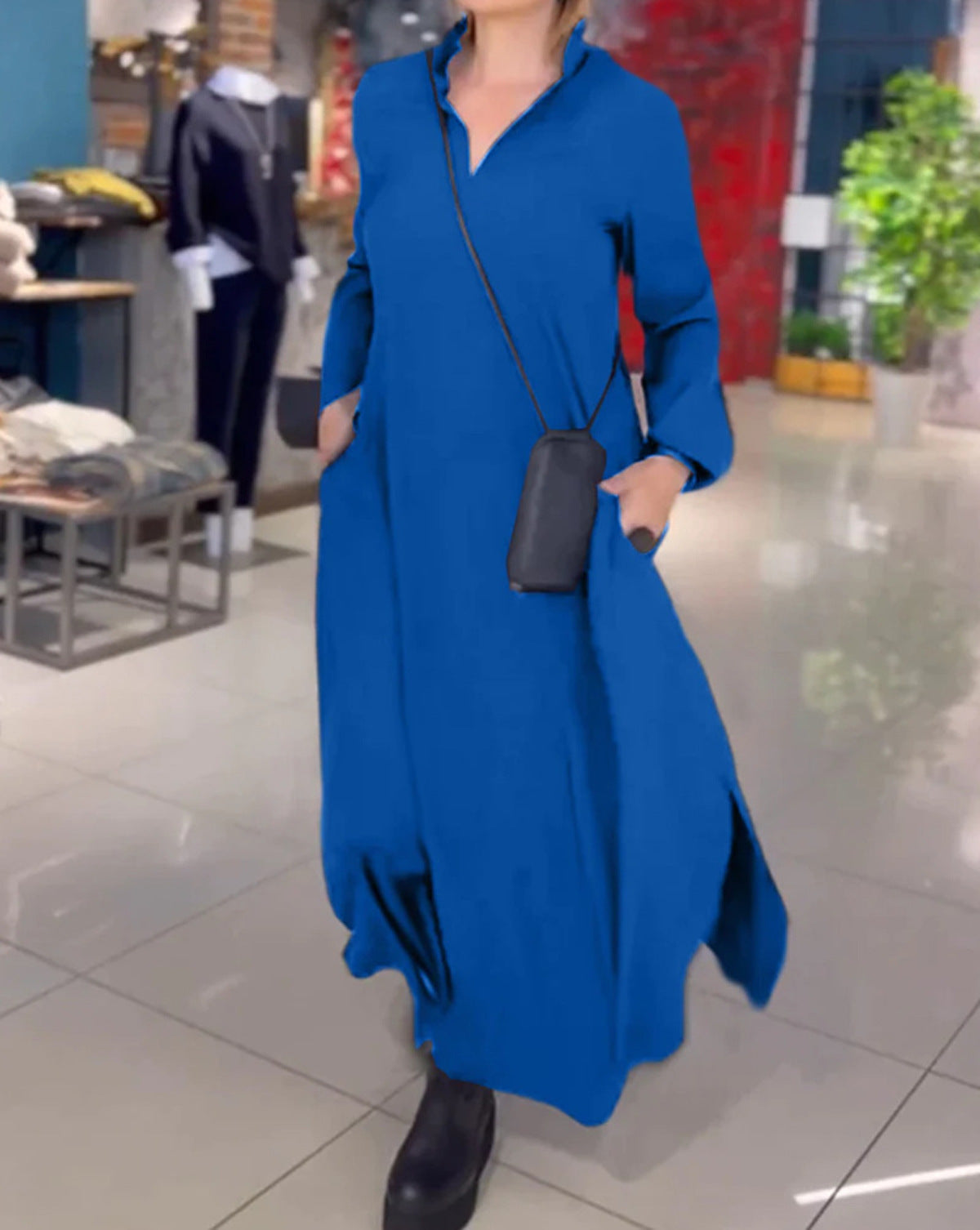 Autumn and winter European and American casual solid color loose slimming V-neck long sleeved dress women's clothing