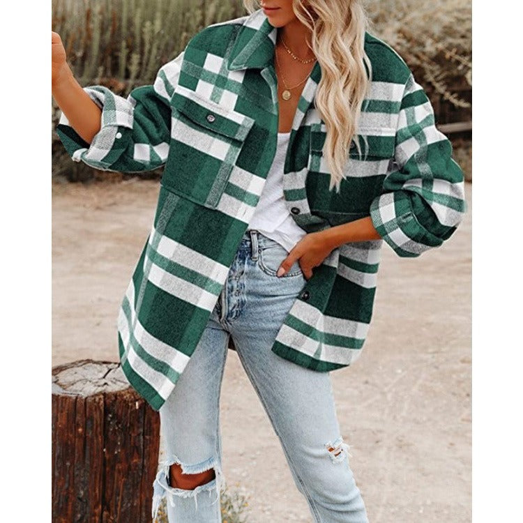 Autumn and winter women's clothing autumn and winter long sleeved lapel loose plaid thickened woolen jacket