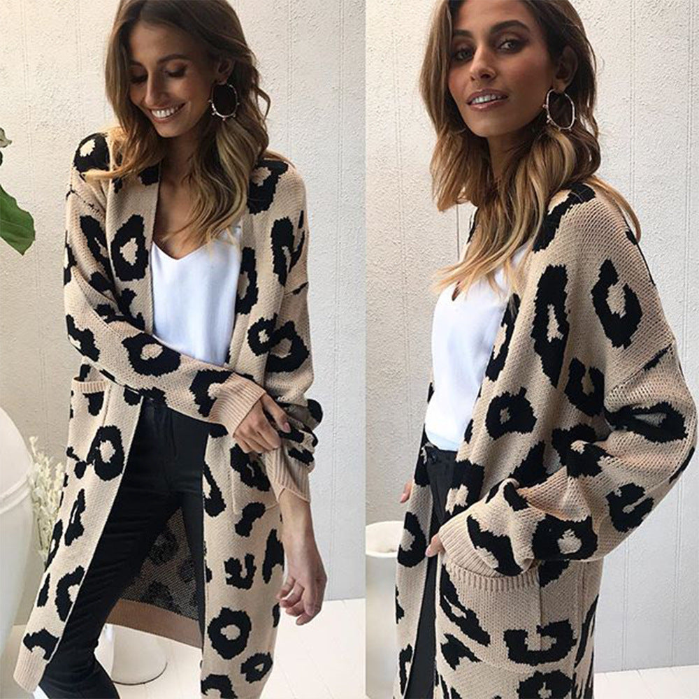 Fall Winter Women'sLeopard Print Sweater Loose Mid-Length Knitted Cardigan Top