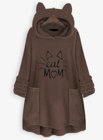 Cat Ear Plus Size Hoodie with Print for Women