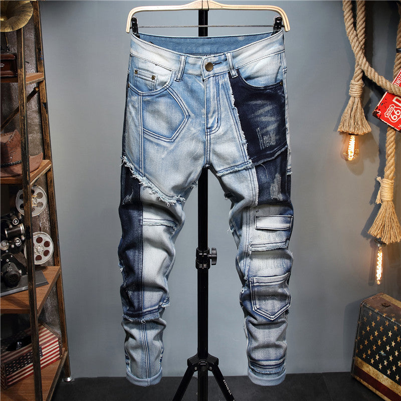 Men's Color-Block Stretch-Footed Jeans (European/American)