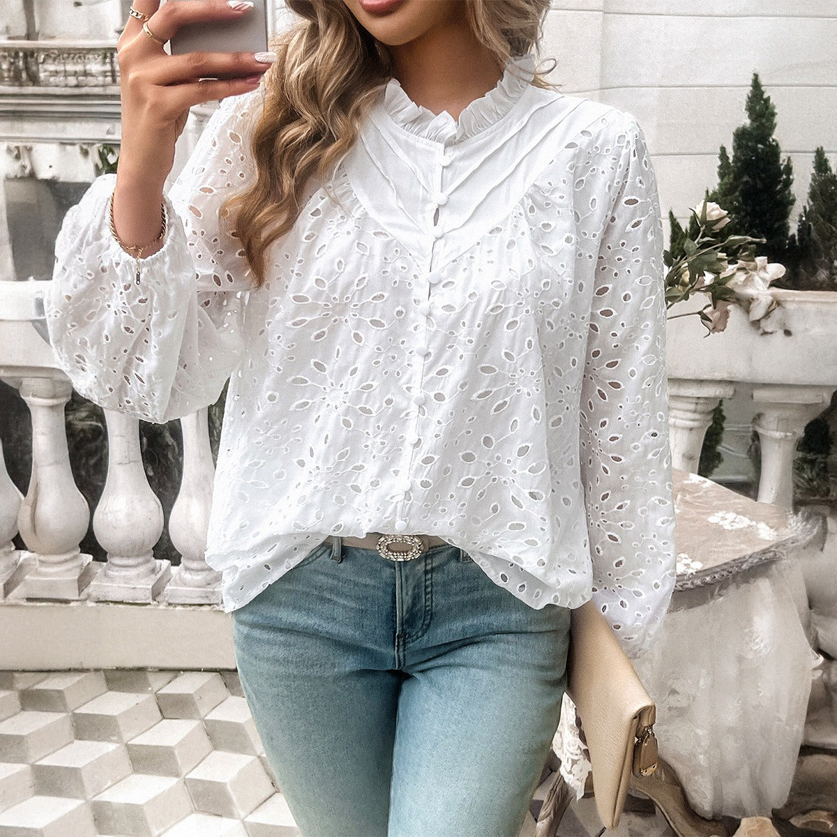 European and American autumn and winter women's clothing temperament hollow bubble sleeve embroidered top