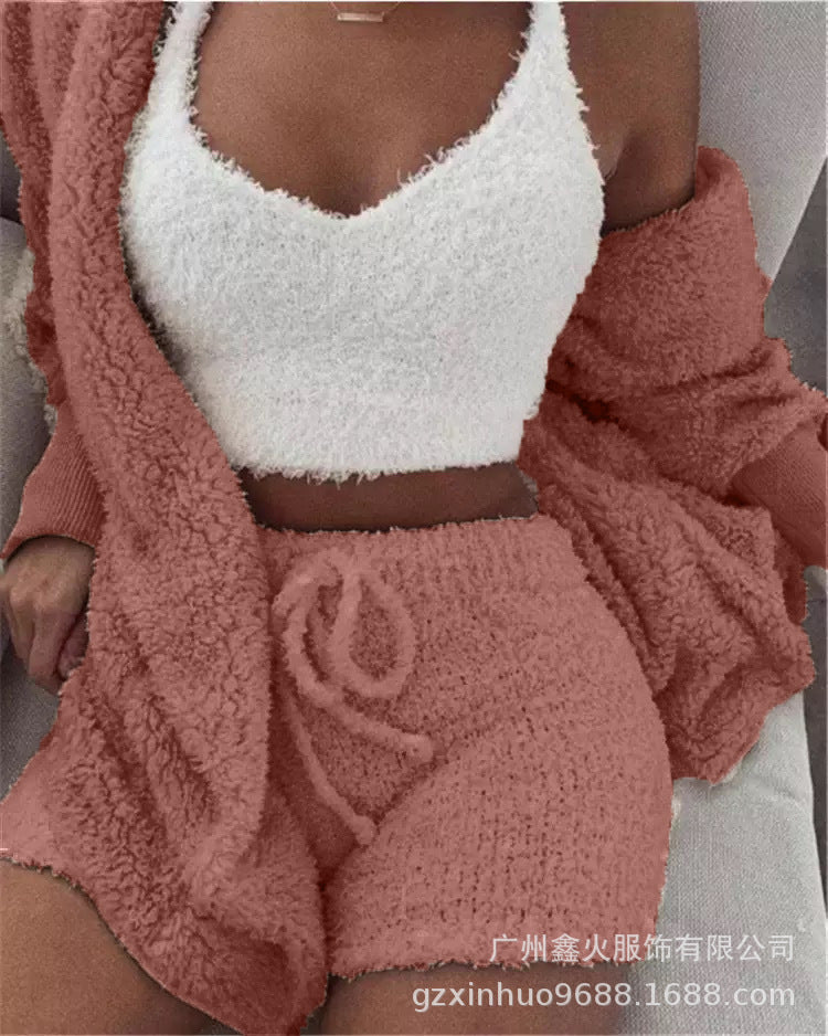 Women's clothing, European and American winter plush home wear, casual 3Pcs  pajamas long sleeved shorts sports set