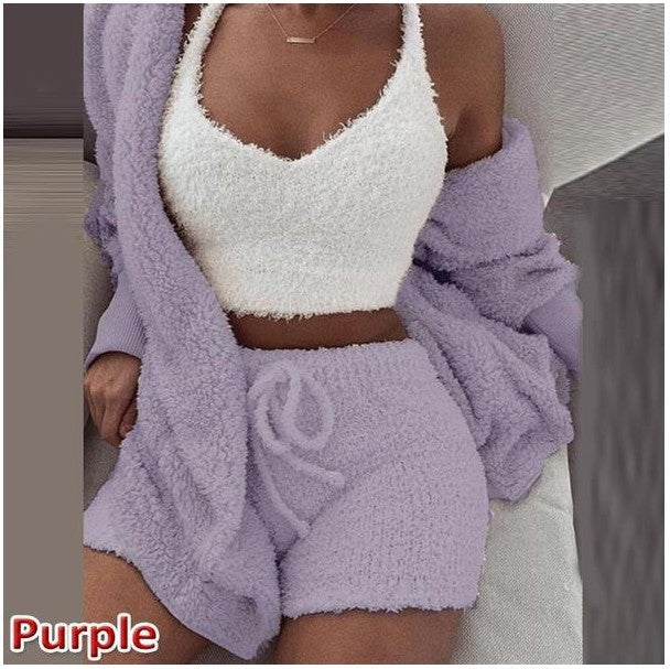Women's clothing, European and American winter plush home wear, casual 3Pcs  pajamas long sleeved shorts sports set