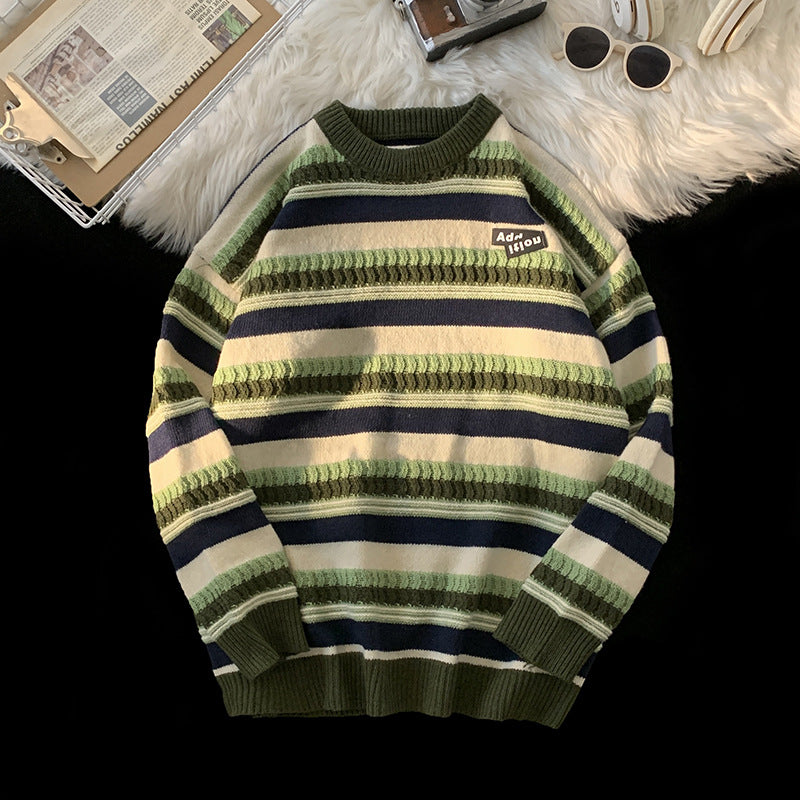 Women's Striped Crew Neck Knit Sweater Fall Winter Unisex Pullover