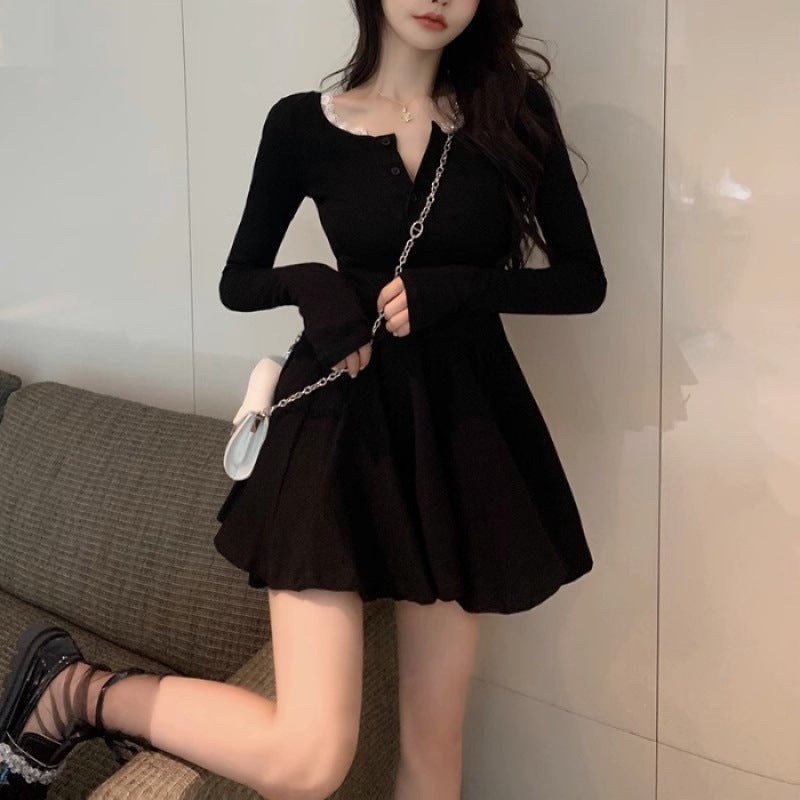 Pure Black Long Sleeve Dress for Women, Sexy French Chic, Fitted Waist, Puffy Skirt, Fall and Winter
