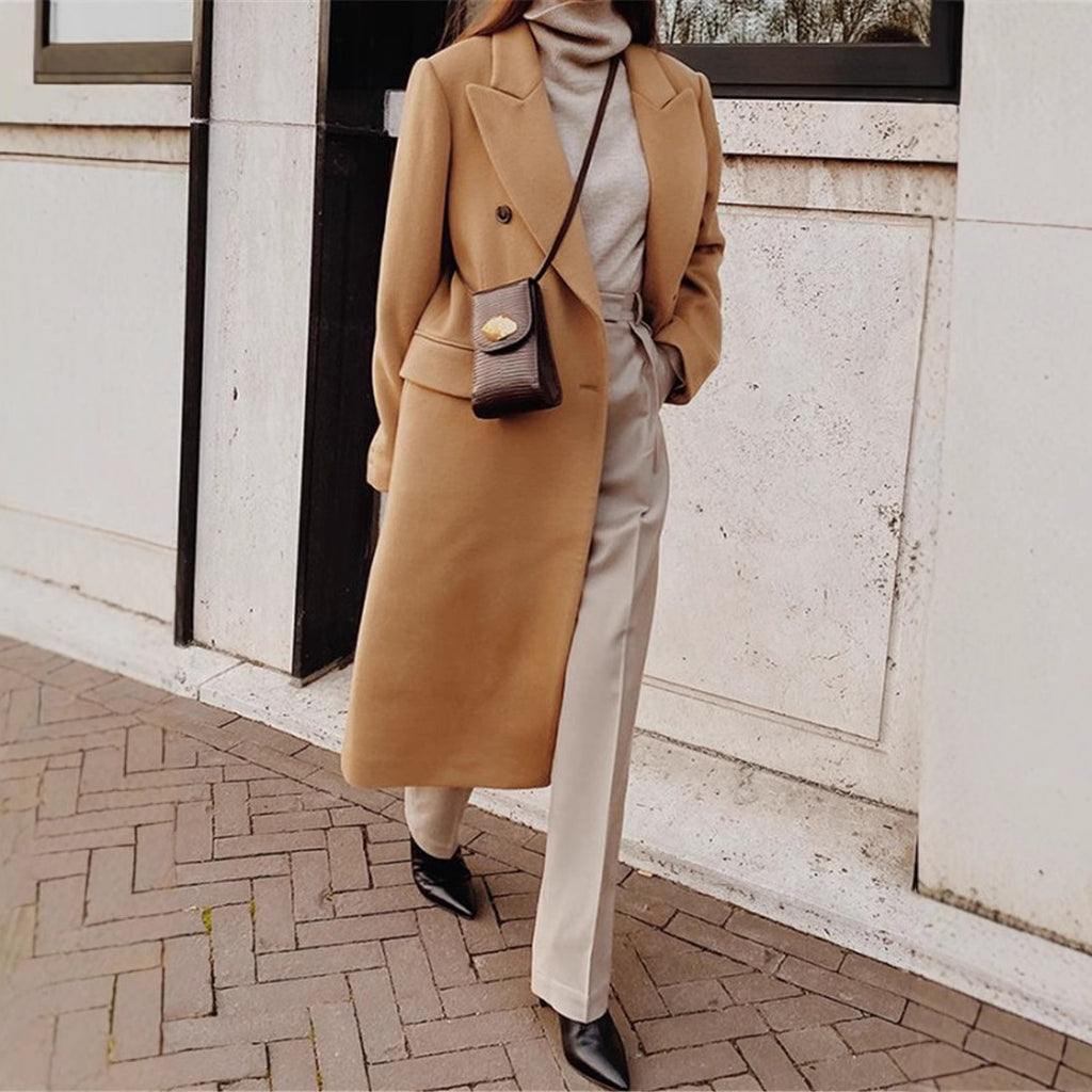Fall/Winter New Women's Long Sleeve Notched Collar Solid Color Double Breasted Slim Fit Coat