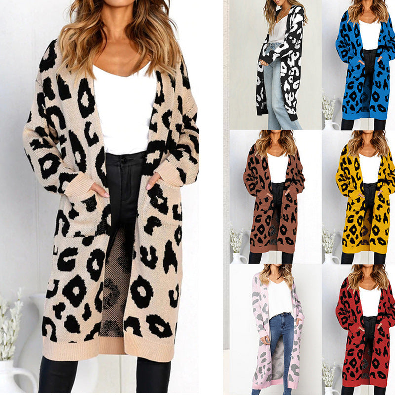 Fall Winter Women'sLeopard Print Sweater Loose Mid-Length Knitted Cardigan Top