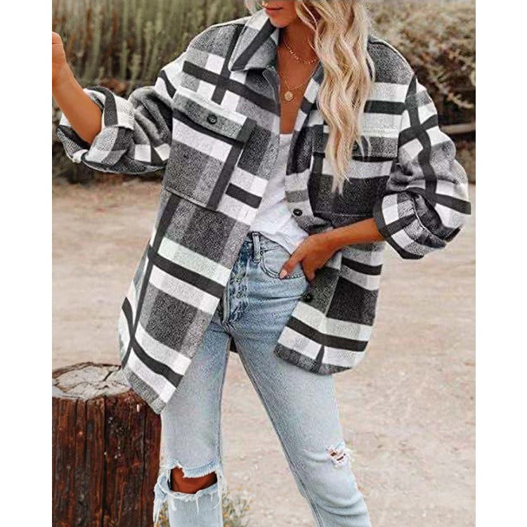Autumn and winter women's clothing autumn and winter long sleeved lapel loose plaid thickened woolen jacket