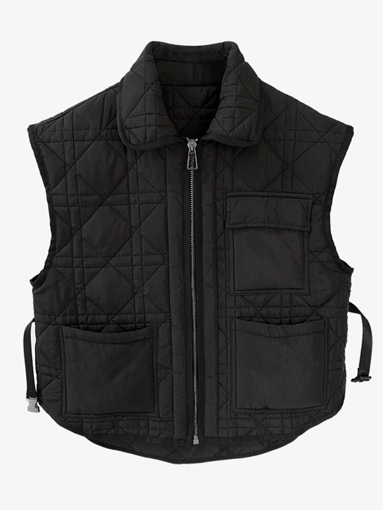 Patchwork Belted Plaid Coat For Women Lapel Sleeveless Patchwork Pockets Slim Vests Female Casual Winter Clothing Style