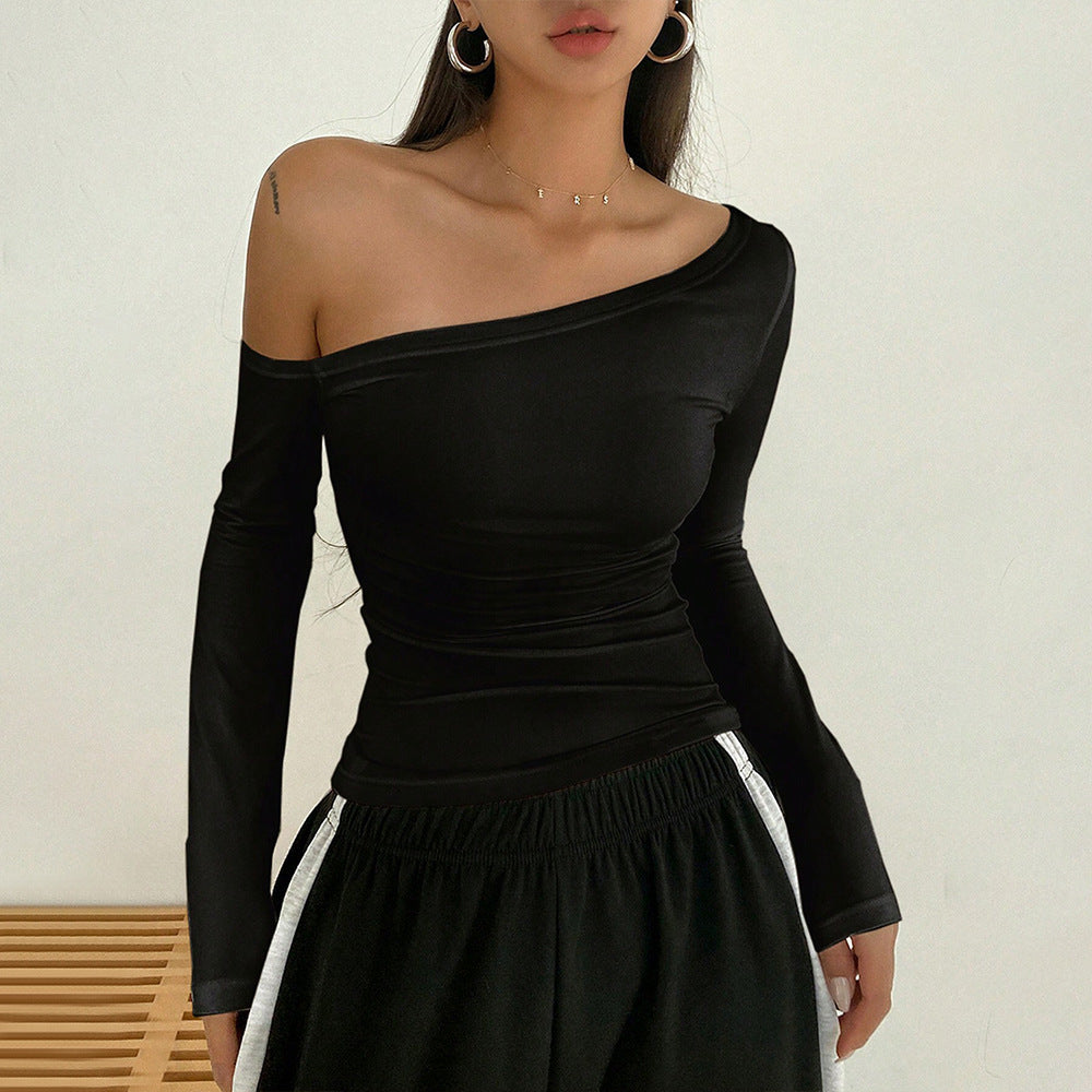 Fashion sexy off-the-shoulder T-shirt autumn and winter slanted collar design long-sleeved top women's clothing