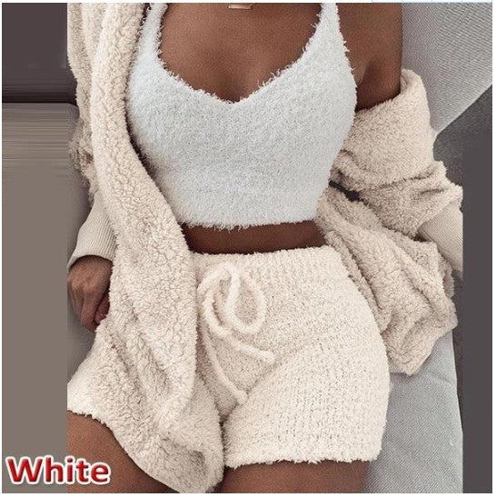 Women's clothing, European and American winter plush home wear, casual 3Pcs  pajamas long sleeved shorts sports set