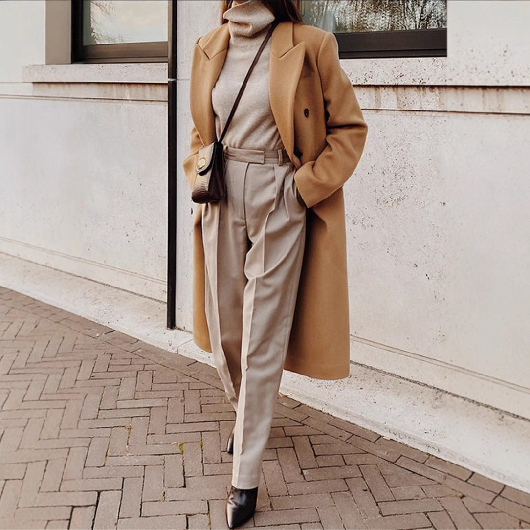 Fall/Winter New Women's Long Sleeve Notched Collar Solid Color Double Breasted Slim Fit Coat
