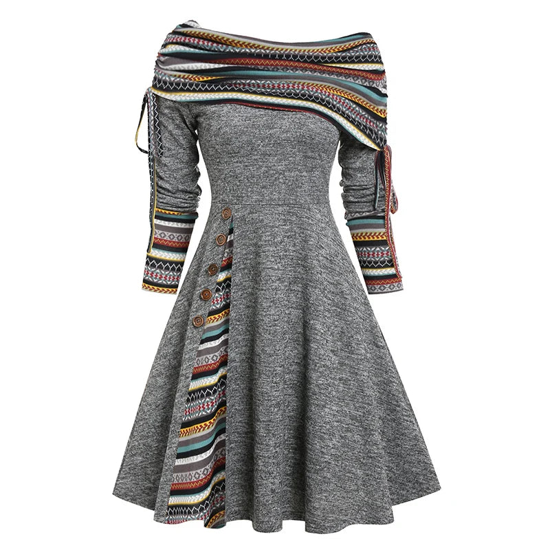 Dressfo Women's Fall Winter Dress Convertible Neck Cinched Striped Flare A Line Dress Long Sleeves Dresses Vestidos
