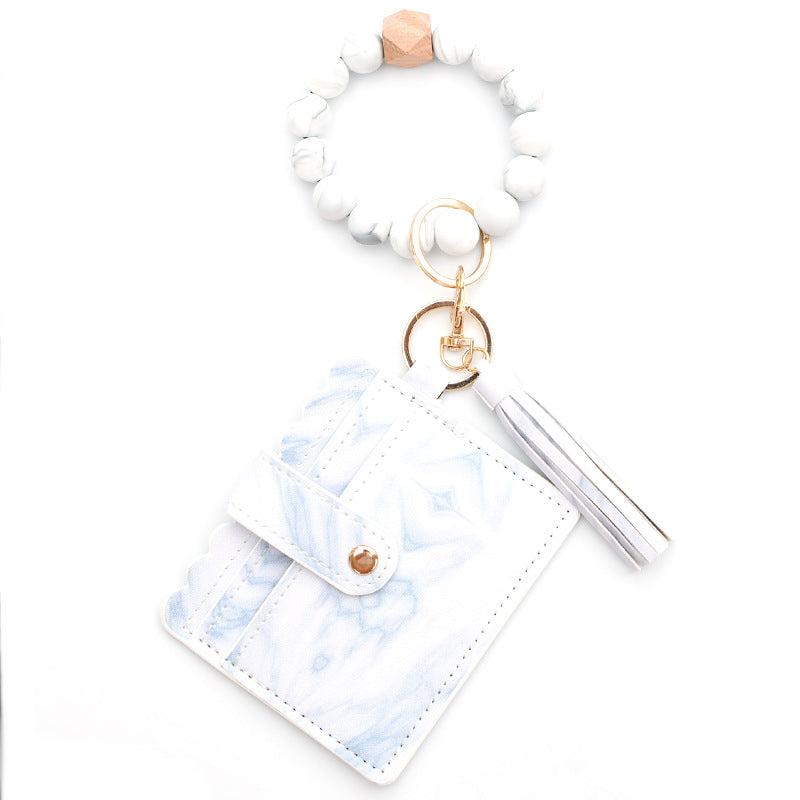 Colorful Silicone Bead Bracelet Card Holder PU Tassel Women's Wallet Keychain Silicone Beaded Bracelet