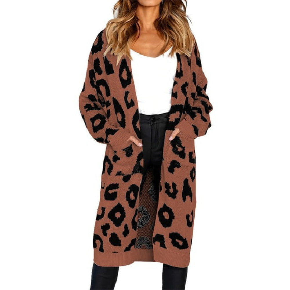 Fall Winter Women'sLeopard Print Sweater Loose Mid-Length Knitted Cardigan Top