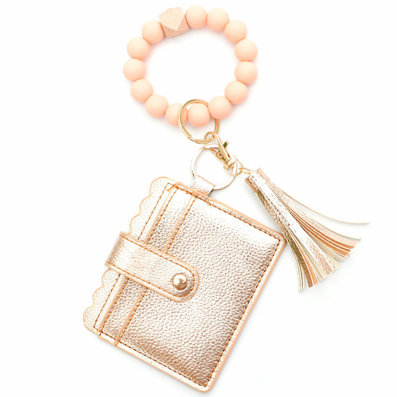 Colorful Silicone Bead Bracelet Card Holder PU Tassel Women's Wallet Keychain Silicone Beaded Bracelet