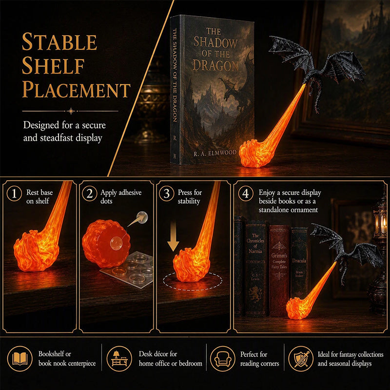 3D Dragon Bookshelf Light with Fire – LED Flying Dragon Bookend, Corner Lamp, Unique Gift for Book Lovers & Halloween Decor