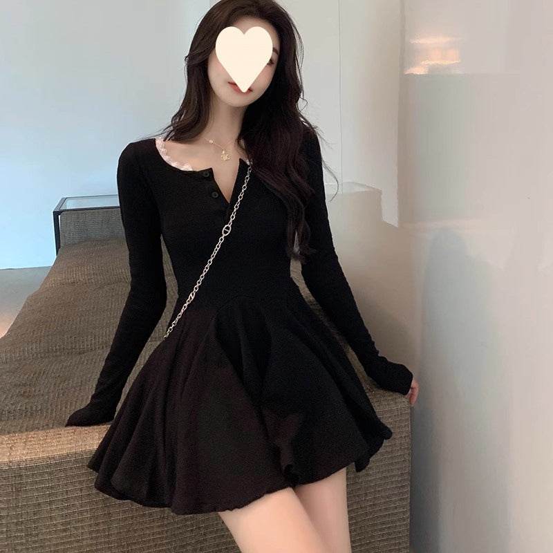Pure Black Long Sleeve Dress for Women, Sexy French Chic, Fitted Waist, Puffy Skirt, Fall and Winter