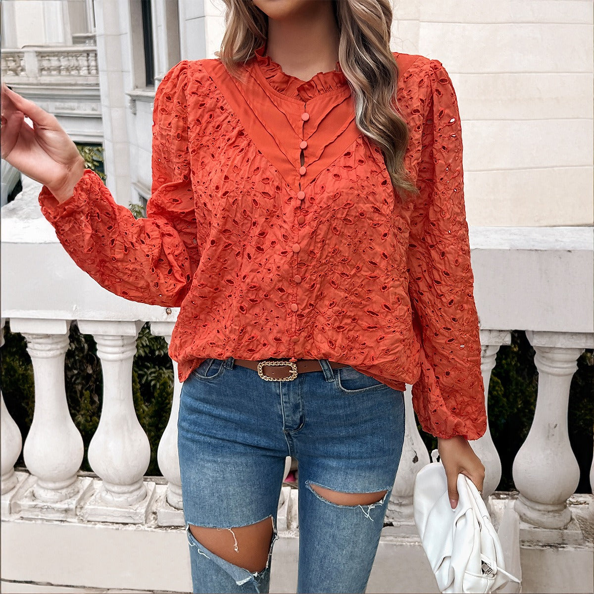 European and American autumn and winter women's clothing temperament hollow bubble sleeve embroidered top
