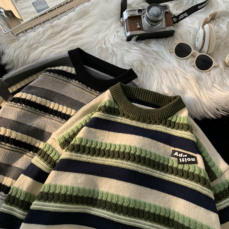 Women's Striped Crew Neck Knit Sweater Fall Winter Unisex Pullover