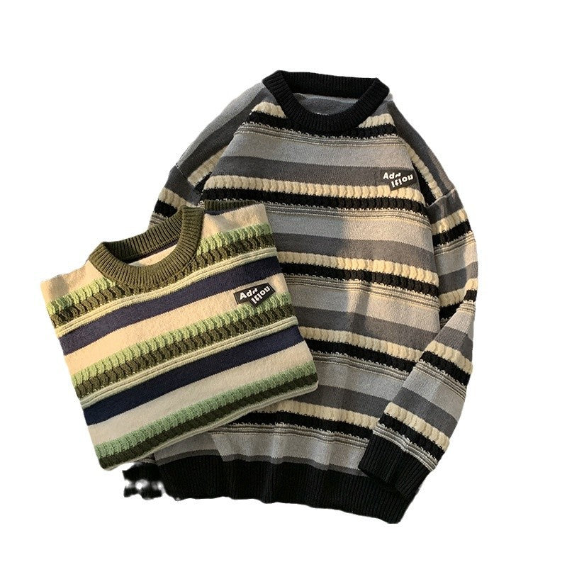 Women's Striped Crew Neck Knit Sweater Fall Winter Unisex Pullover