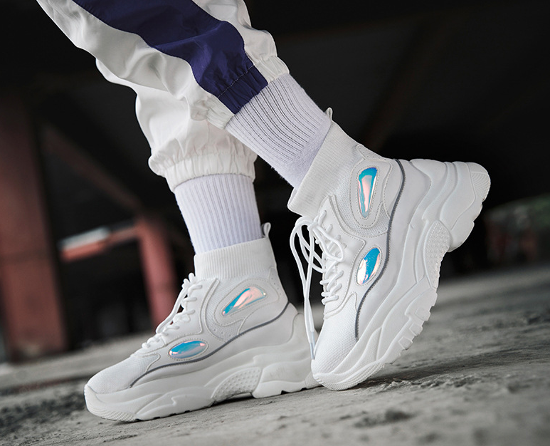 Knitted White High-Top Platform Sneakers for Couples