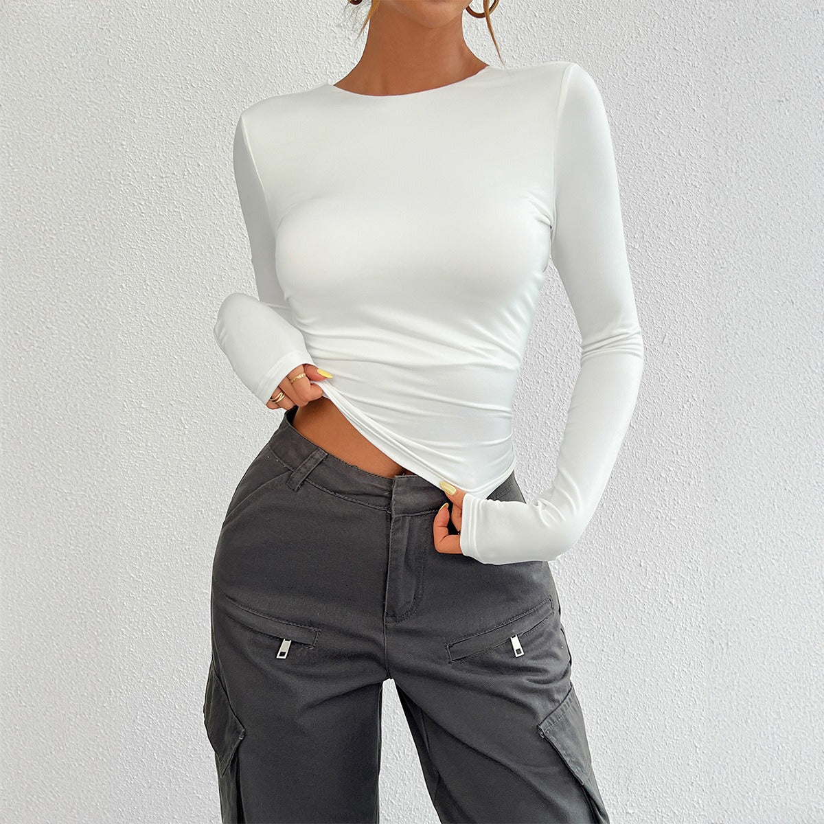 European and American autumn and winter Y2K women's clothing temperament slim fit round neck long sleeved top