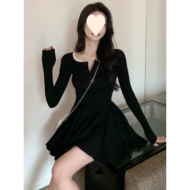 Pure Black Long Sleeve Dress for Women, Sexy French Chic, Fitted Waist, Puffy Skirt, Fall and Winter
