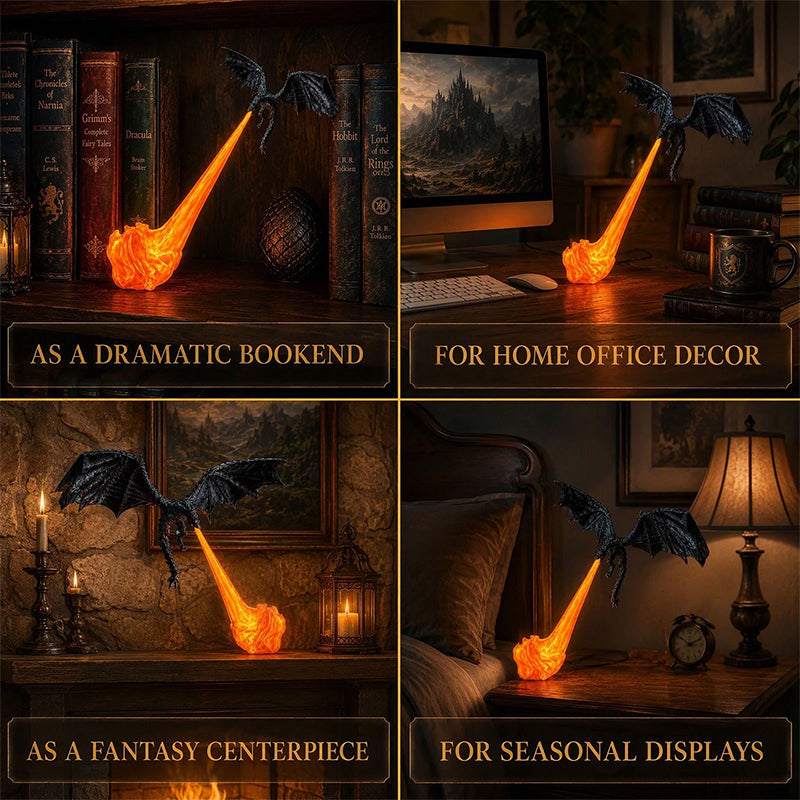 3D Dragon Bookshelf Light with Fire – LED Flying Dragon Bookend, Corner Lamp, Unique Gift for Book Lovers & Halloween Decor