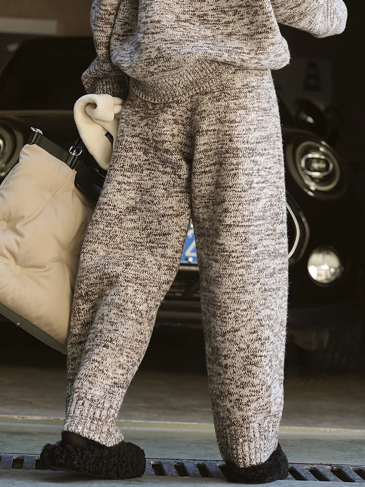 Korean Style Wool Flower Yarn High Waist Trousers Casual Loose Thick Pants Women Winter Clothing Fashion