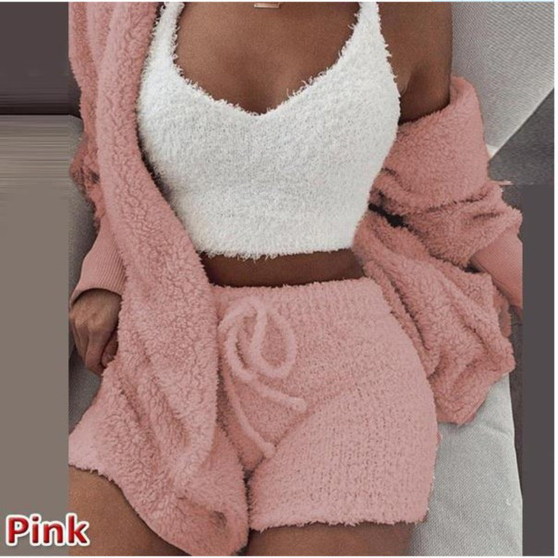 Women's clothing, European and American winter plush home wear, casual 3Pcs  pajamas long sleeved shorts sports set