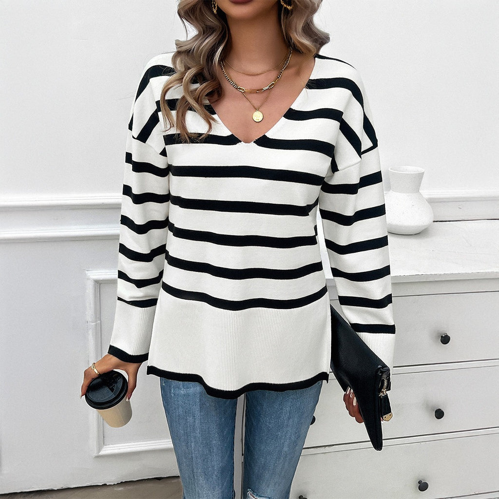 European and American autumn and winter women's clothing temperament casual loose contrasting color V-neck long sleeved sweater