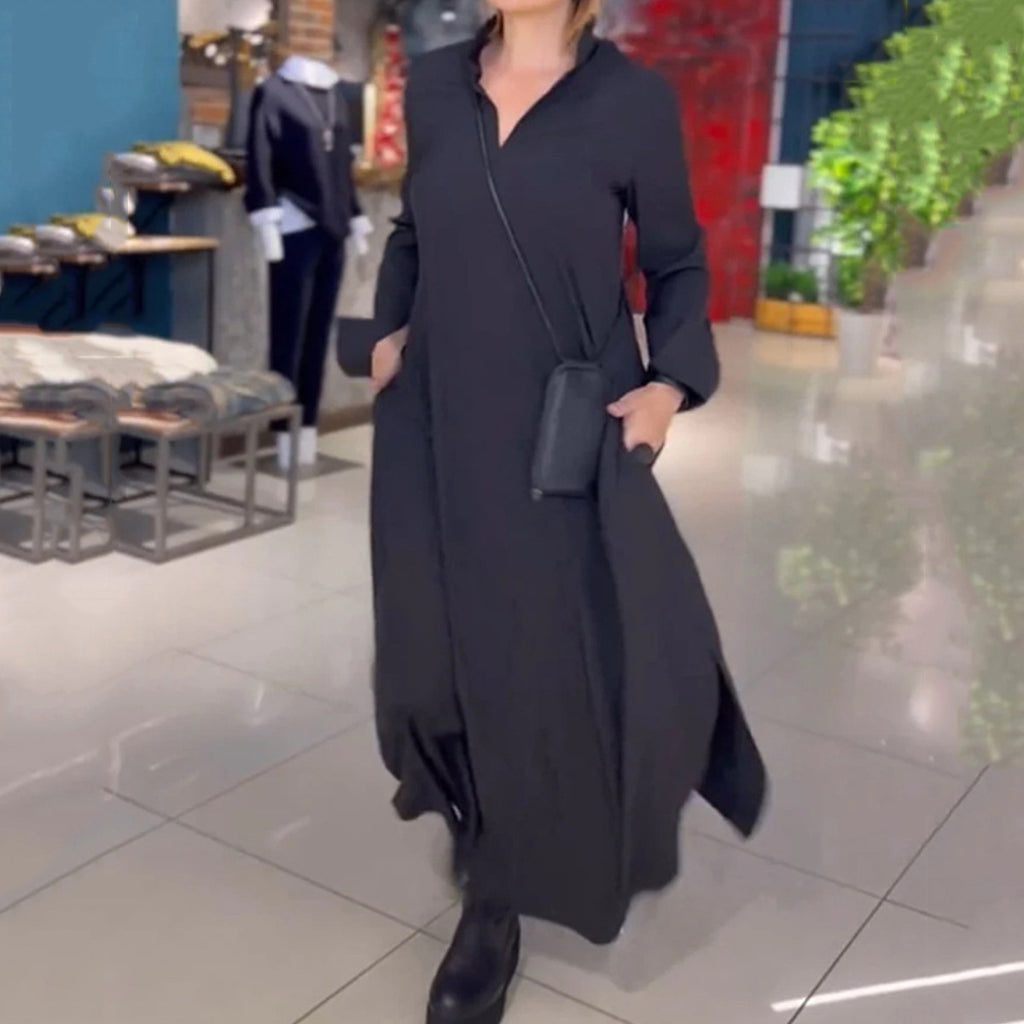 Autumn and winter European and American casual solid color loose slimming V-neck long sleeved dress women's clothing