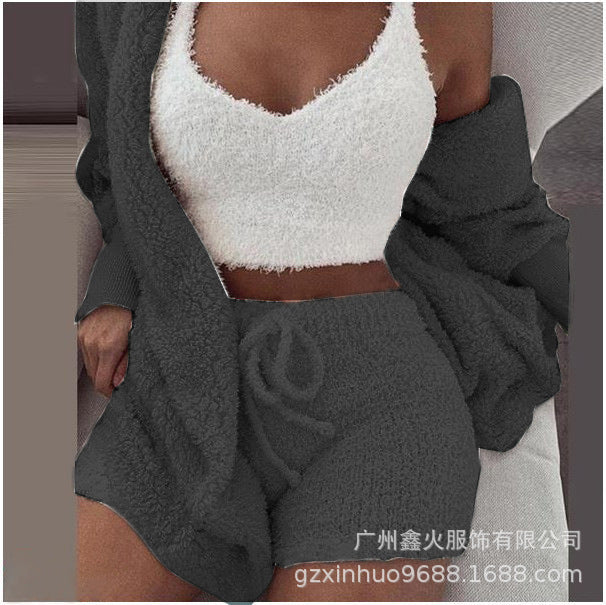 Women's clothing, European and American winter plush home wear, casual 3Pcs  pajamas long sleeved shorts sports set