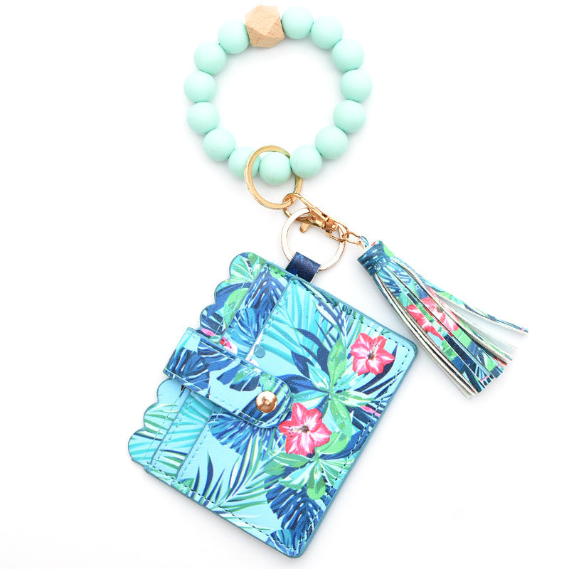 Colorful Silicone Bead Bracelet Card Holder PU Tassel Women's Wallet Keychain Silicone Beaded Bracelet