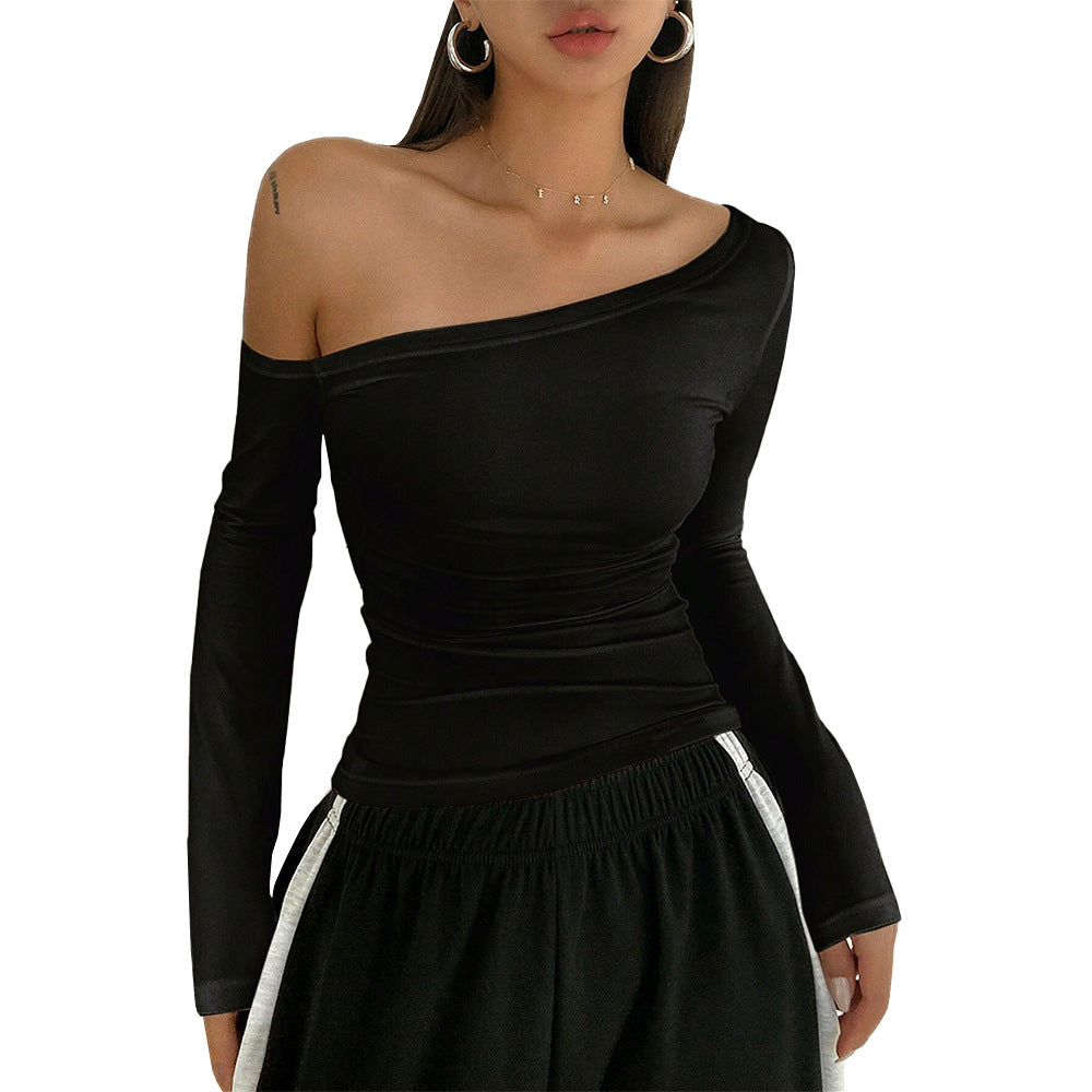 Fashion sexy off-the-shoulder T-shirt autumn and winter slanted collar design long-sleeved top women's clothing
