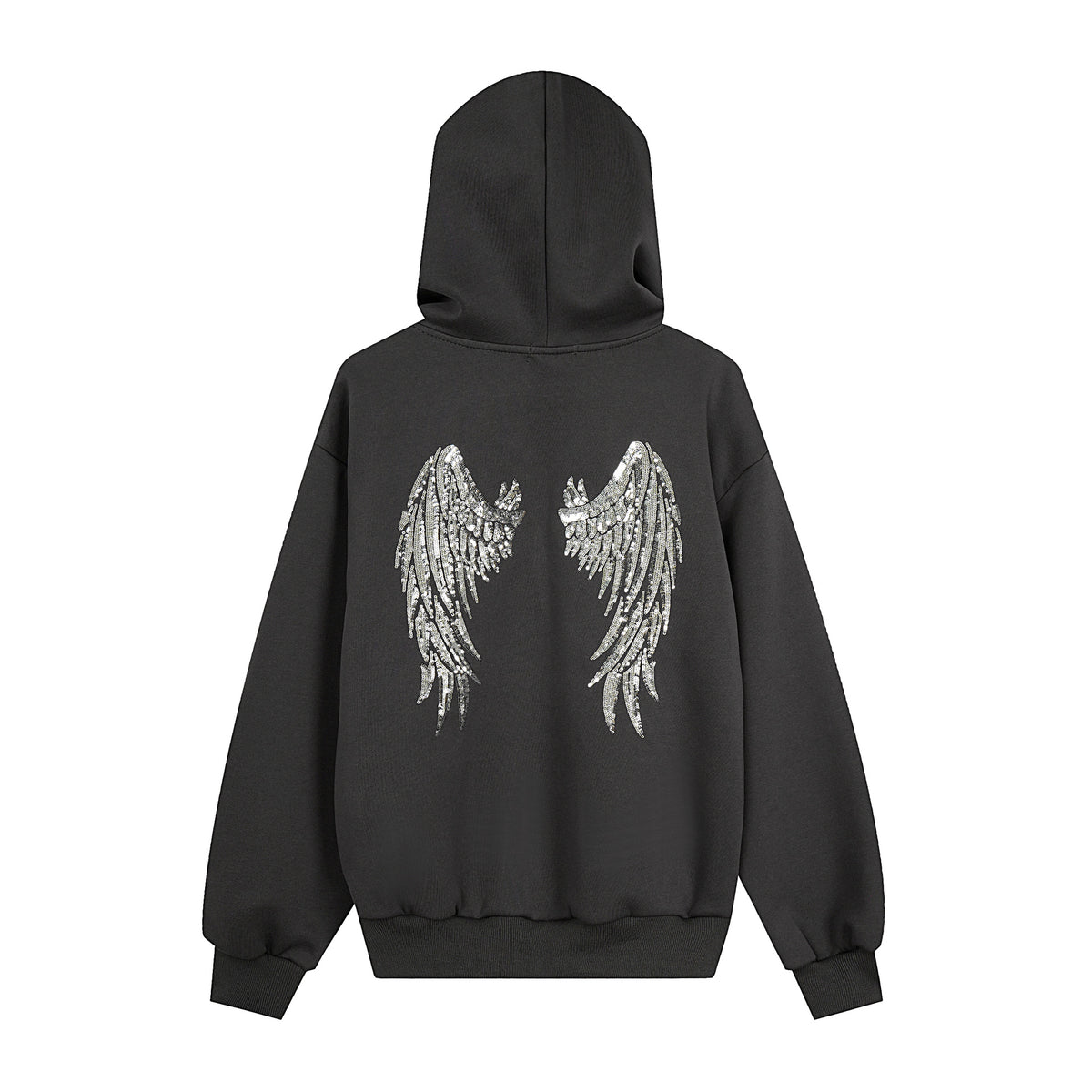 Graffiti Print Oversized Hooded Open Front Sweatshirt Jacket with Back Sequin Wings Unisex Casual