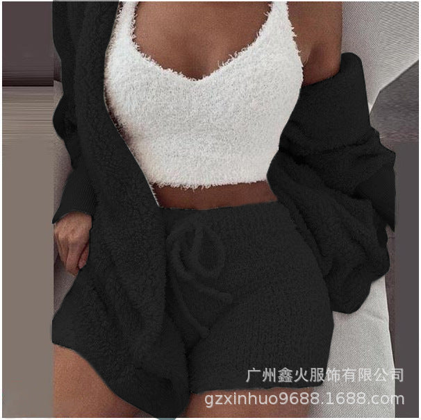 Women's clothing, European and American winter plush home wear, casual 3Pcs  pajamas long sleeved shorts sports set