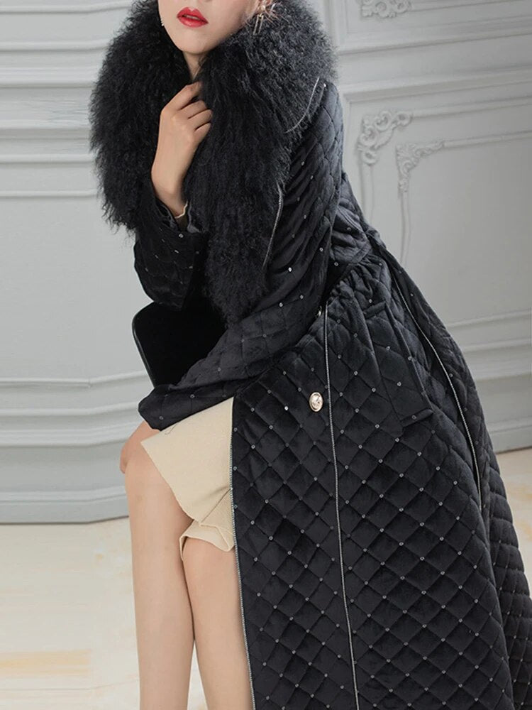 Winter Female Clothing Big Wool Collar Warm Design Long Sleeve Solid Color Sequin Midi Cotton Coat